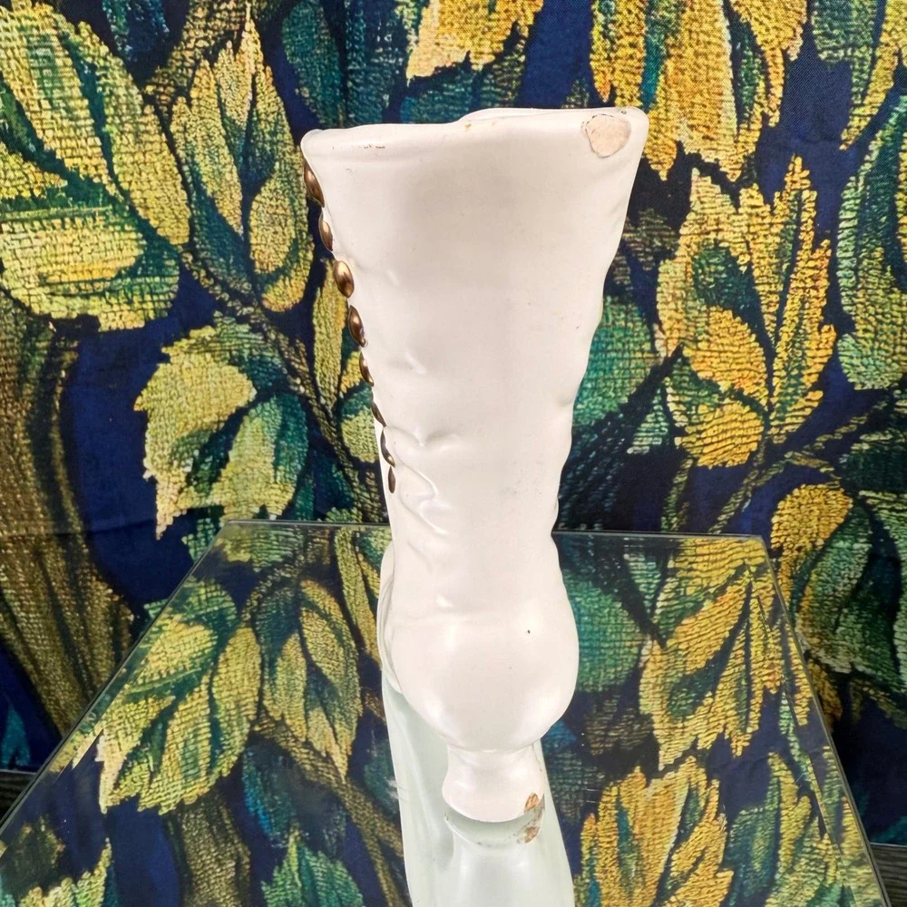 Vintage Hand Painted Floral‎ Ceramic Boot Vase Victorian Style Gold Eyelets 6.5